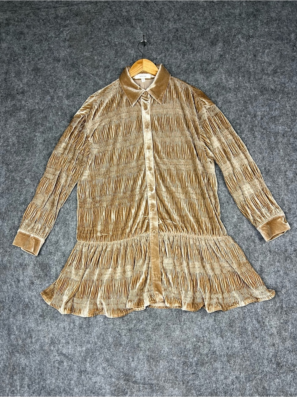 Pleated Long Sleeve Shirt Dress in Taupe Size S